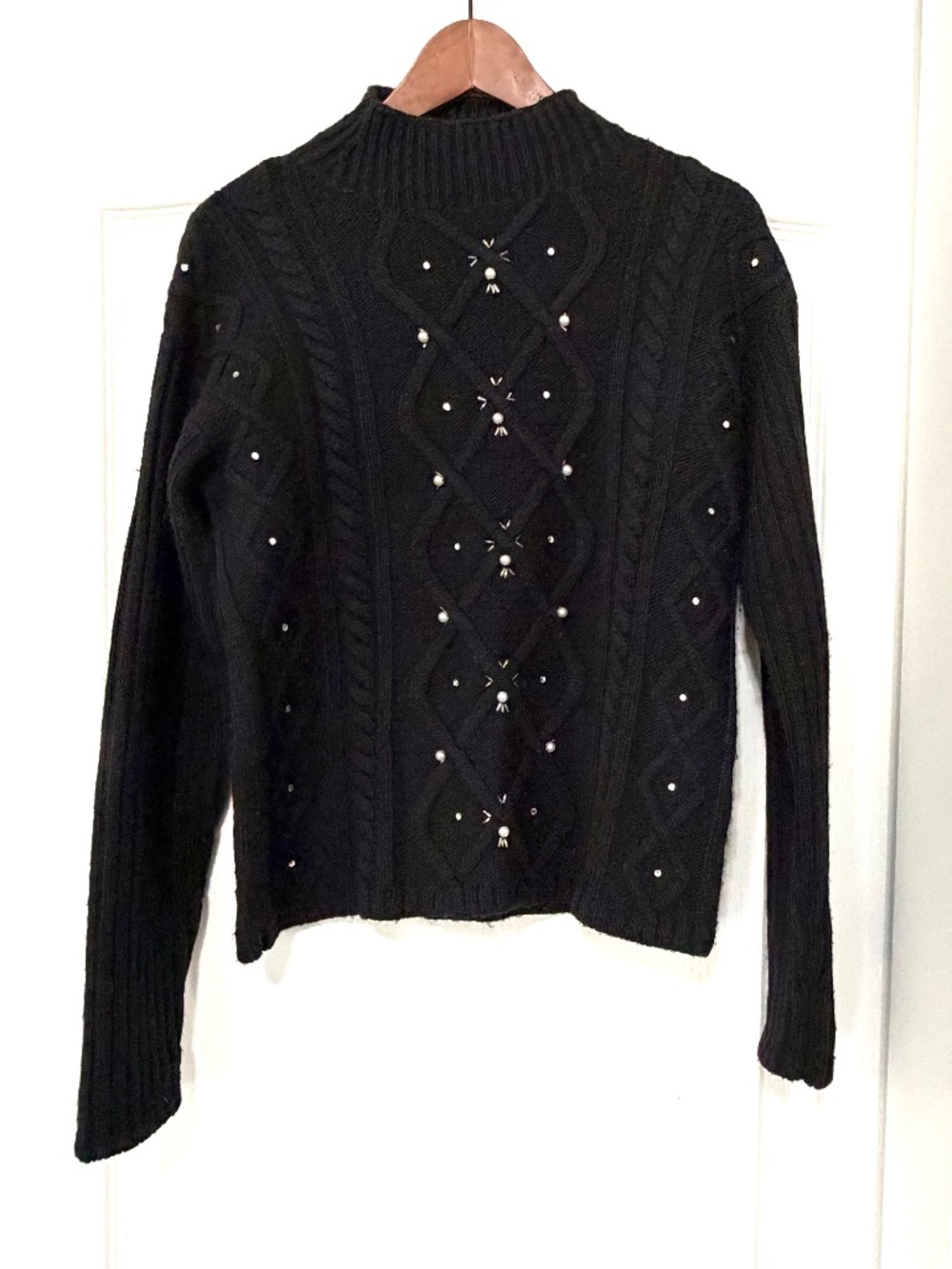 Donna Karan New York Black Cable Knit Embellished Pearl Sweater Size M